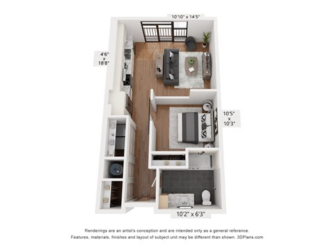 A 10x10 room with a kitchen, living room, and bedroom.
